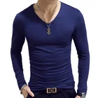 Повседневное однотонные Цвет V образным вырезом футболки для мужчин Длинные рукава футболка для Для мужчин Slim Fit сужающаяся к талии футболка
