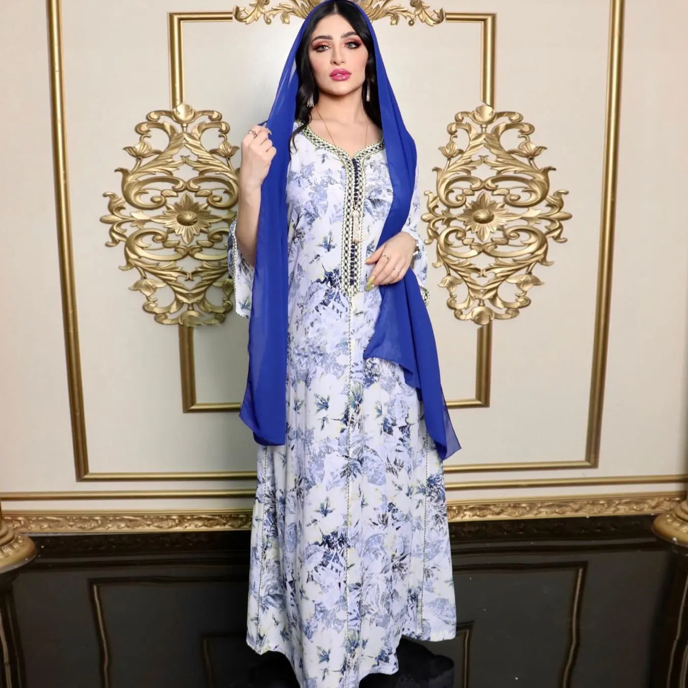 

Muslim Fall 2021 Ladies New Printed Dress Lace Ribbon Arabian Dubai Abaya Turkish Robe Moroccan Evening Dress Islamic Clothing