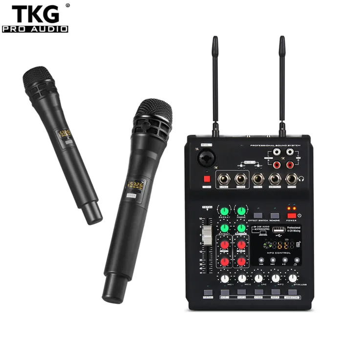 

TKG audio MB-02 UHF dual channel wireless microphone audio mixer set with USB BT5.0 reverb for Smartphone recording karaoke KTV