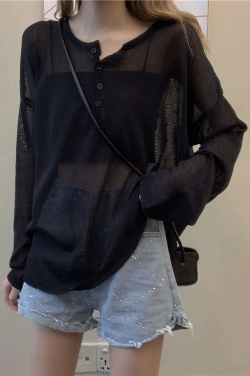 

2021 new women's summer net red loose sunscreen shirt thin black long-sleeved t-shirt female trendy design top
