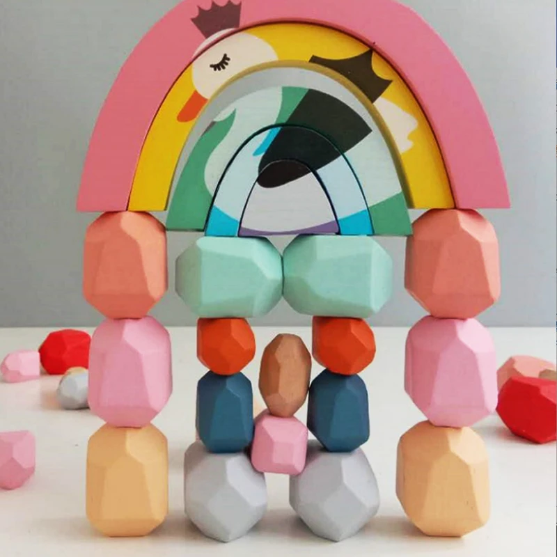 

INS Nordic Style Children's Wooden Colored Stone Jenga Building Block Educational Toy Stacking Game Wooden Toy Birthday Gifts