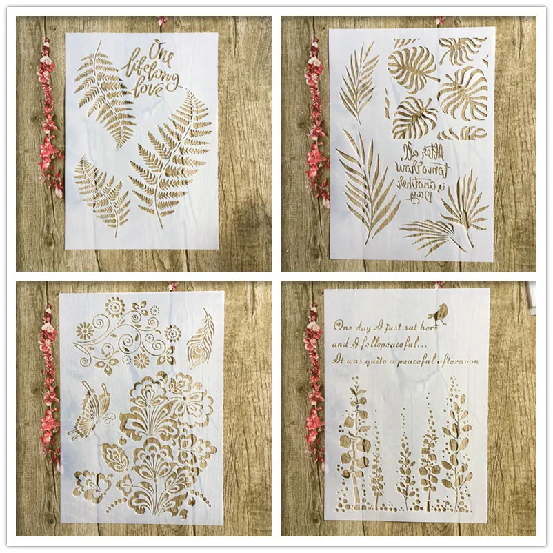 4Pcs / All A4 Leaf Butterfly Tree DIY Layered Stencil Painting Scrapbook Coloring Embossed Album Decoration Card Template | Канцтовары