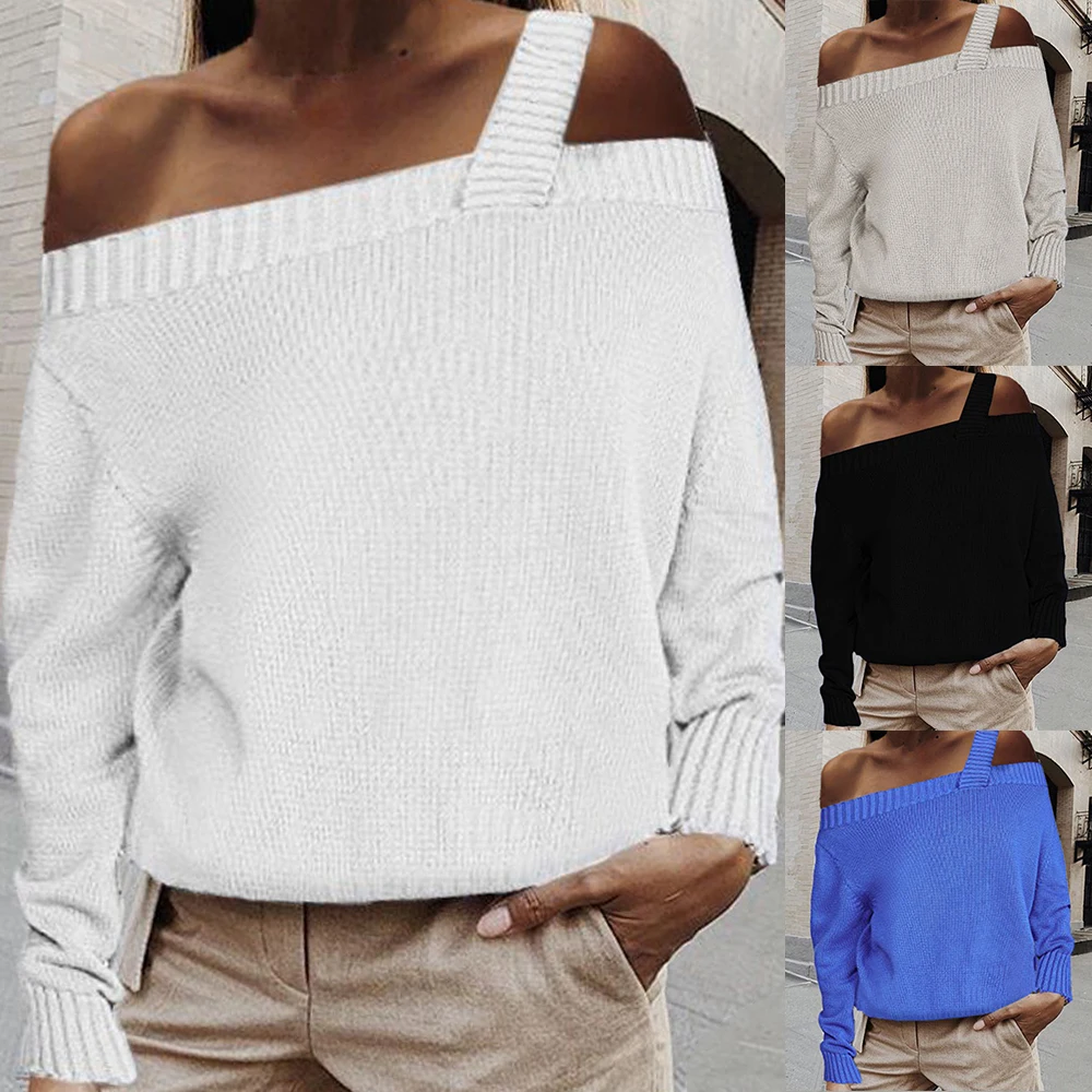 Women Sexy Off Shoulder Knitted Straps Sweater Winter Autumn Long Sleeve Sweaters And Pullovers Ladies Solid Color Tops | Женская одежда