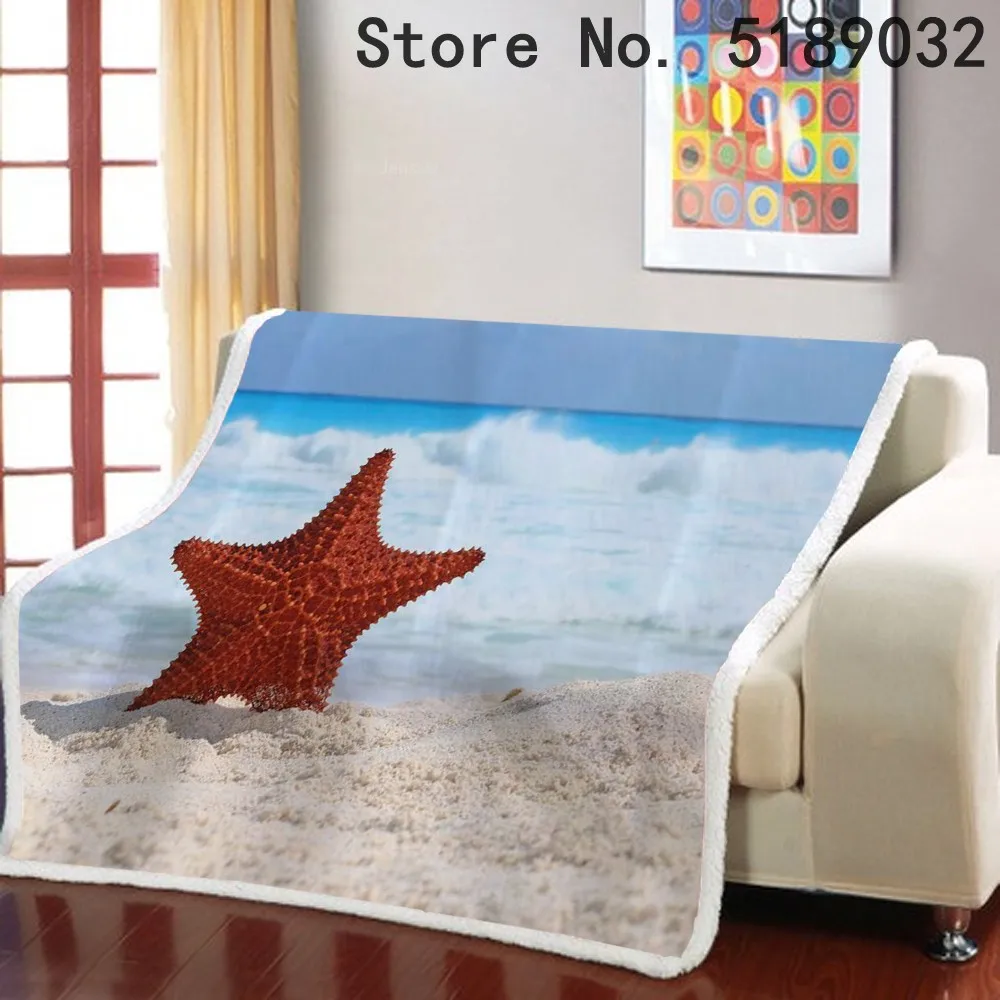 

Флисовое одеяло с изображением морской звезды, шерпа, на диван-кровать, 3D, летнее пляжное, голубое, с принтом океана, утяжеленное одеяло для д...