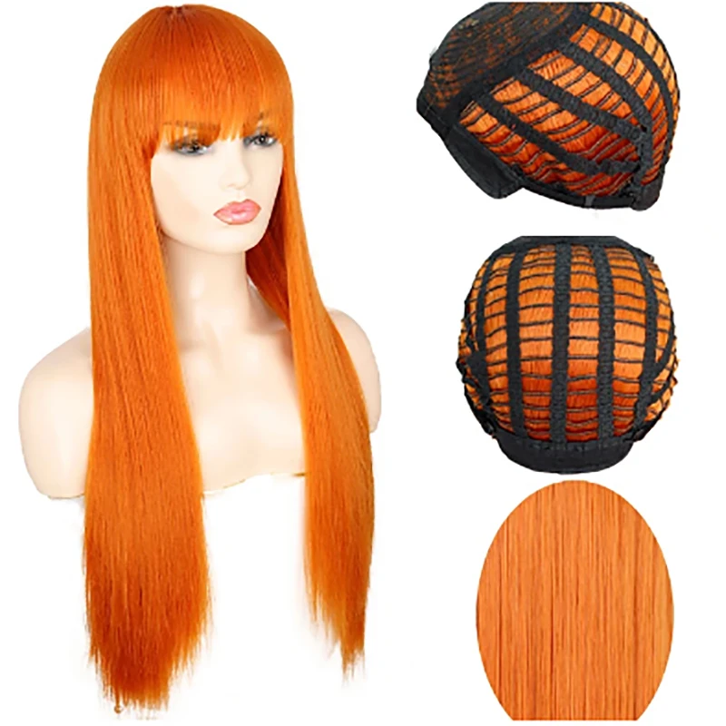 HAIRJOY Long Straight Synthetic Hair  Orange Color Women Cosplay Wigs Neat Bang