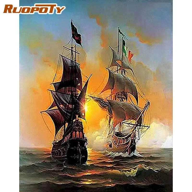 

RUOPOTY 60x75cm DIY Frame Painting By Number Kits War Boat Landscape Drawing Coloring By Numbers Acrylic Paint For Home Arts