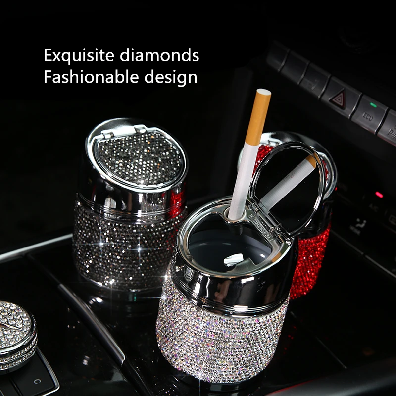 

car ashtray with lid and led light cigarettes cup holder diamond pink red black accessories for women Bling Portable Smokeless