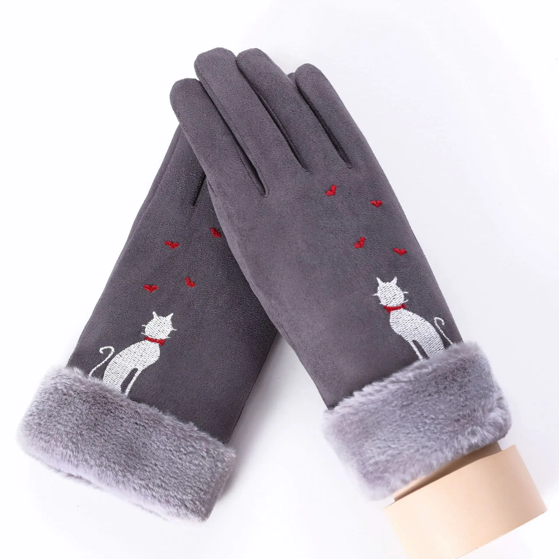 081D-Cat -Gray Sparsil женские замшевые перчатки с сенсорным экраном, зимние двухслойные меховые варежки, теплые модные перчатки с вышивкой в виде снежинки для улицы - Цвет: 081D-Cat -Gray