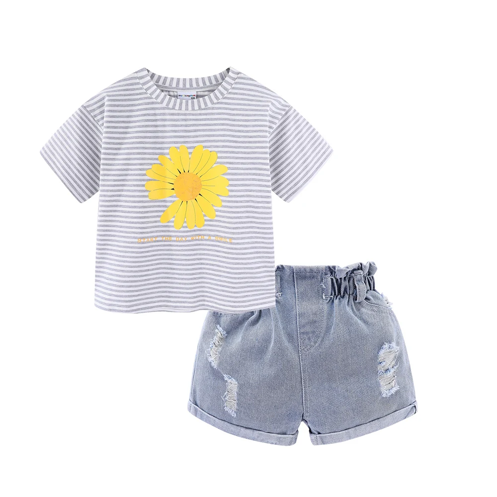 

LittleSpring Toddler Girl Outfits Sets Casual Sunflower Printed Short Sleeve Tees Denim Ripped Shorts Suits