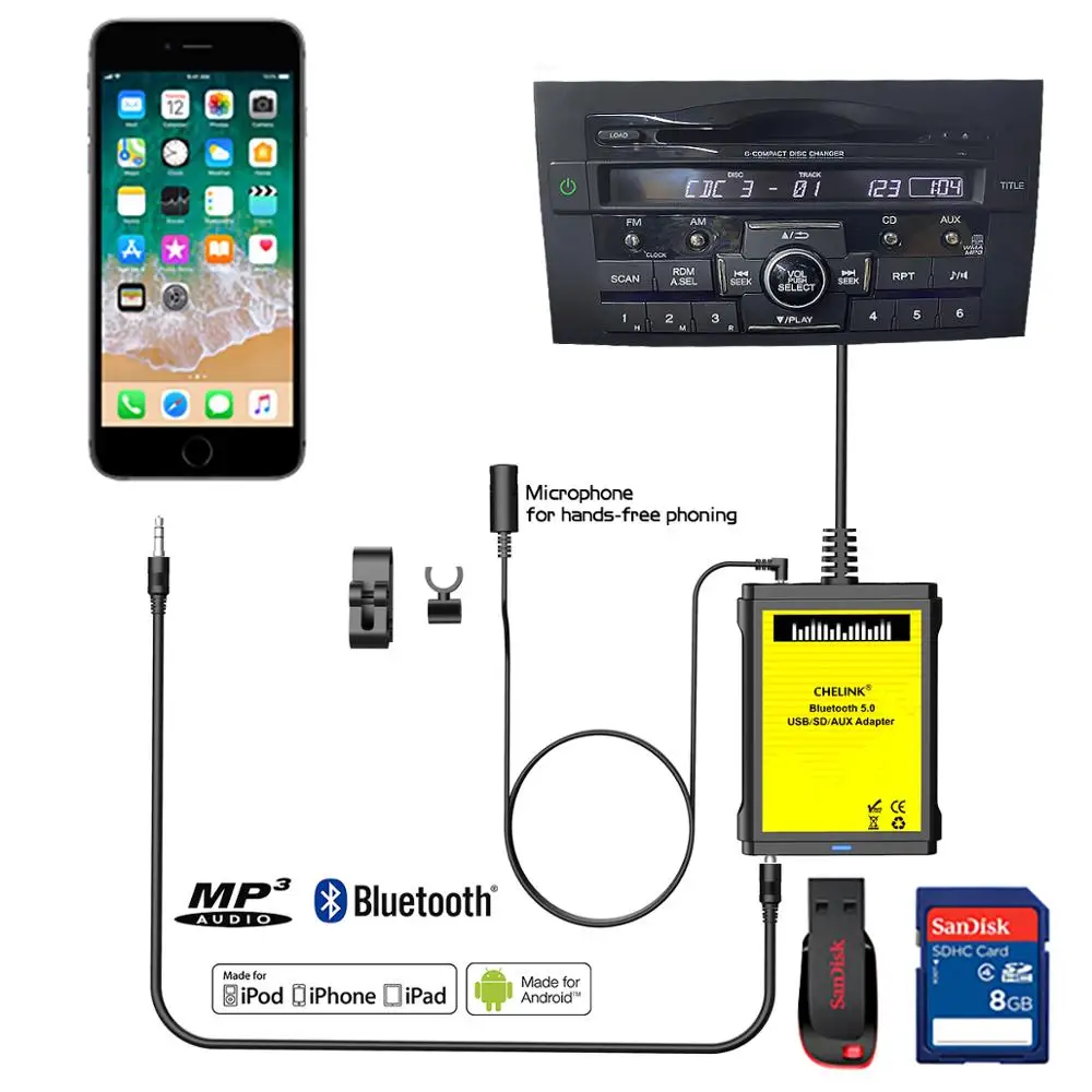 AUX-адаптер CHELINK с микрофоном USB Bluetooth AUX-кабель в автомобиле цифровой адаптер CD для