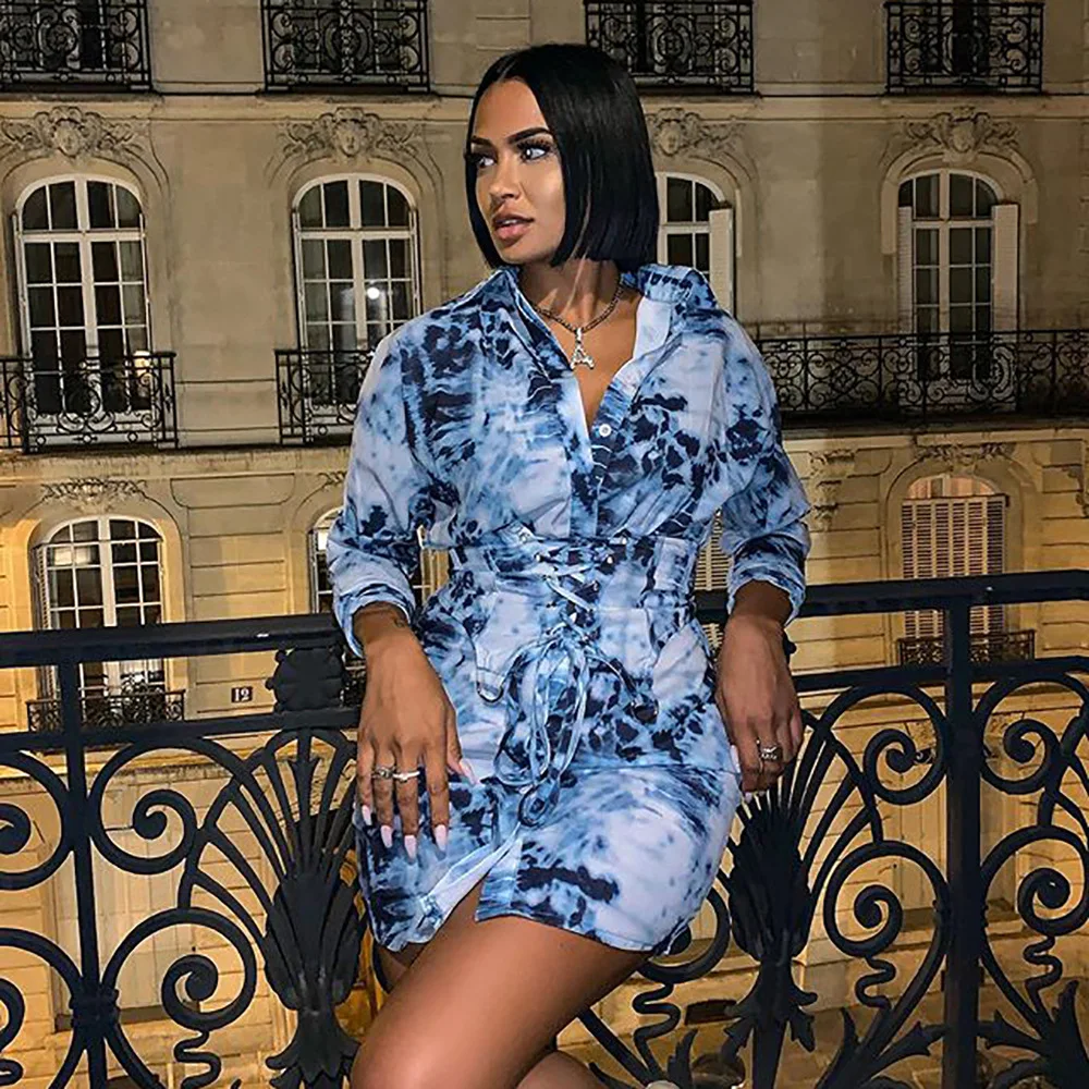 

Женское мини-платье на пуговицах, осеннее платье с длинным рукавом, поясом и принтом, платье-рубашка с лацканами