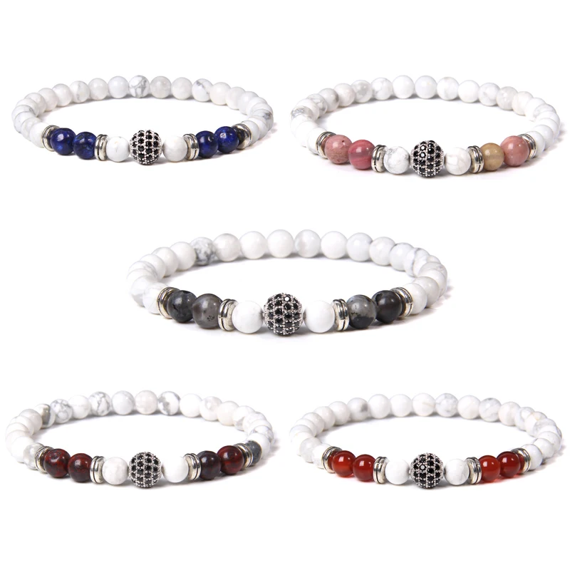 

6mm White Howlite Natural Stone Bracelets For Women Men CZ Ball Charm Bracelet Labraodorite Tiger Eye Bloodstone Bangle Jewelry