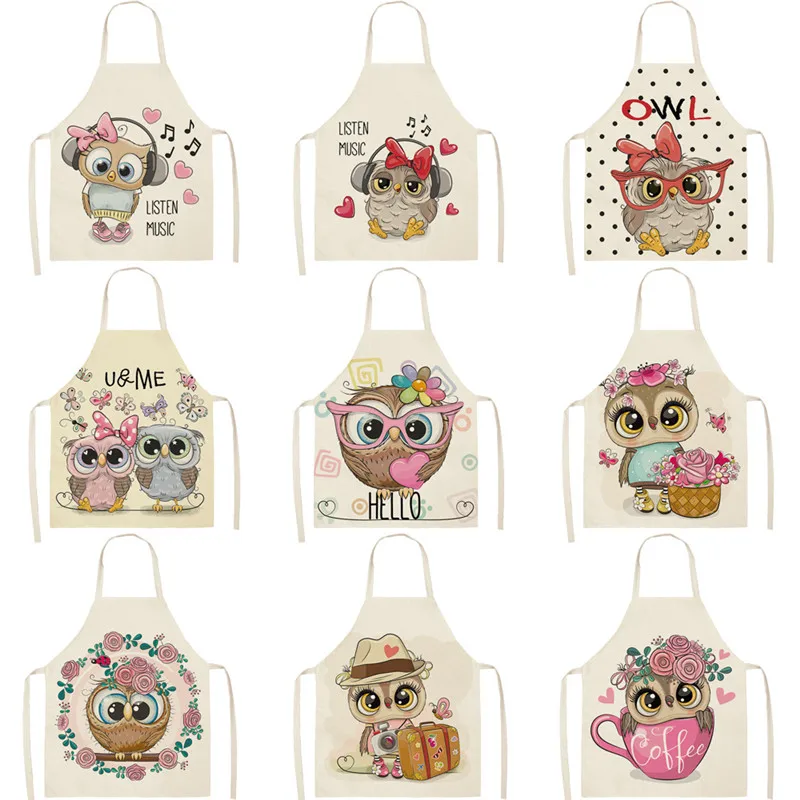 

Owl Pattern Kitchen Apron Sleeveless Cotton Linen Kids Aprons For Cooking Baking BBQ Home Cleaning Tools 66x47cm 47x38cm