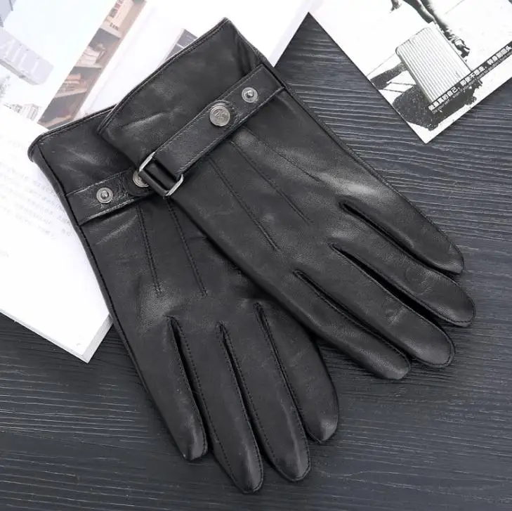 buckle black Мужские перчатки из натуральной кожи, перчатки из козьей кожи, роскошные кожаные зимние супер теплые перчатки из кашемира, утолщенные шерстяные перчатки - Цвет: buckle black