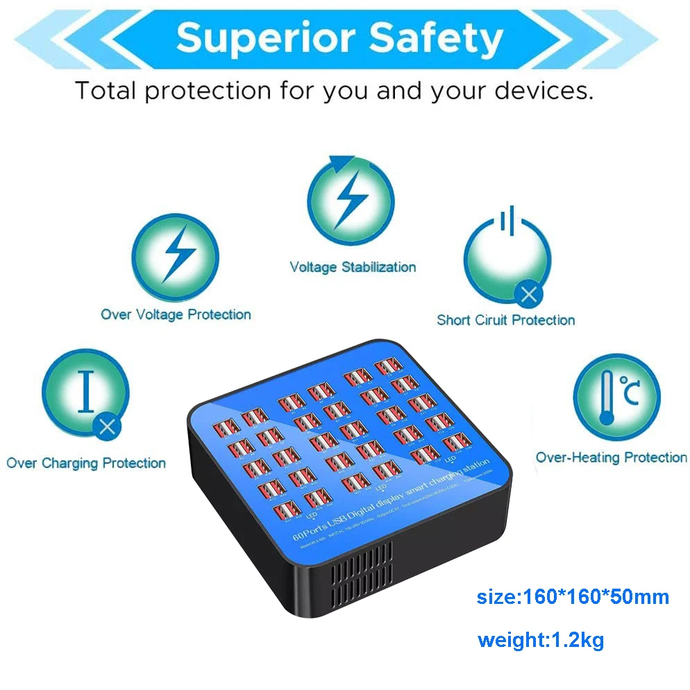 

60 Port USB Charger Station 300W 60A Multiple USB Quick Charge Dock for iPhone Samsung Xiaomi Mobile Phone Tablet PC Speaker