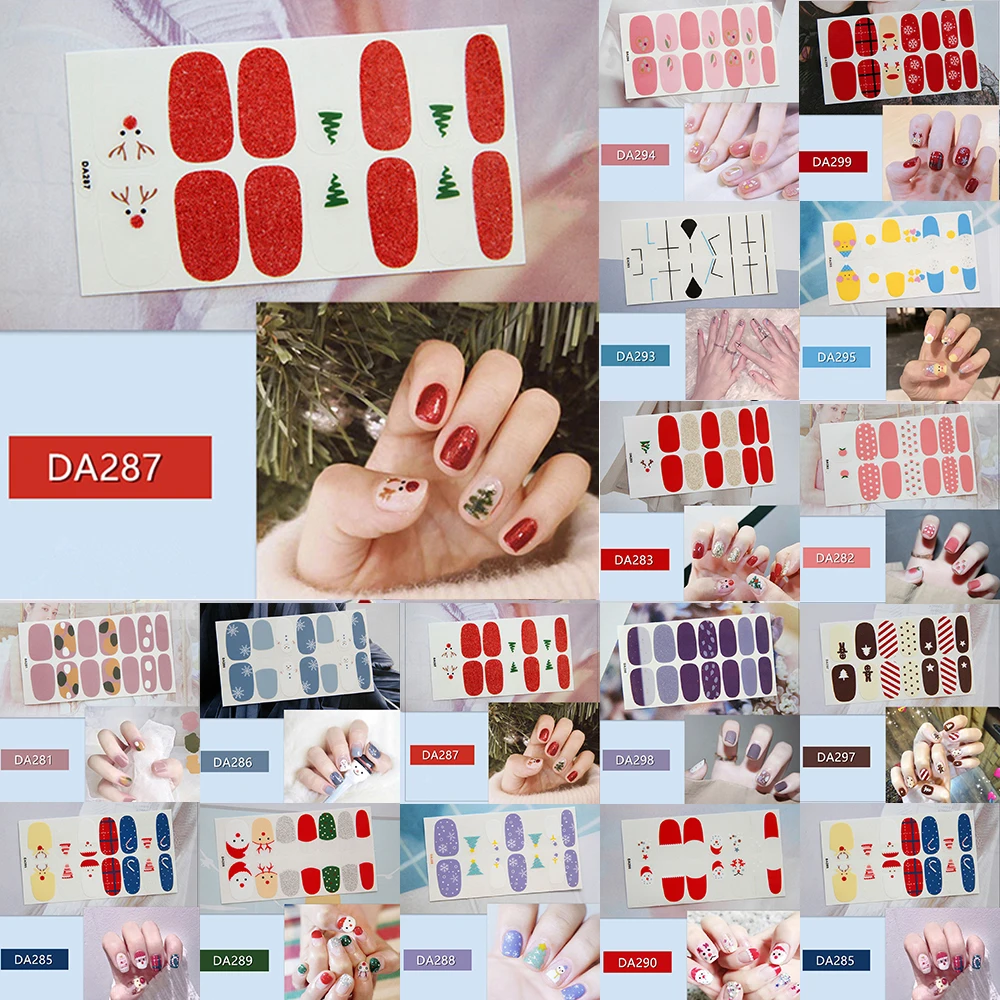 14 типсов рождественские наклейки для ногтей лось Санта Снежинка 3D клей слайдер