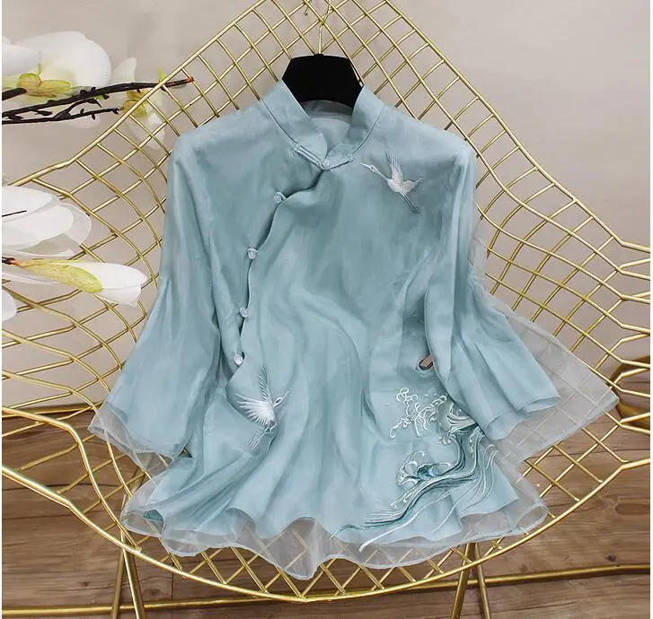 Китайская рубашка, традиционная китайская блузка, qipao Топ, шифон, длинный рукав, женские топы, чонсам, кружевная вышивка, блузка для девушек