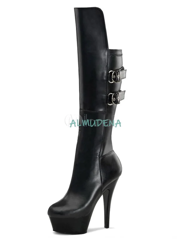 

Black Round Toe Stiletto Platform Knee High Boots Belt Buckle Side Zipper 15cm Ladies Winter Sexy Stylish Leather Boots on Sale
