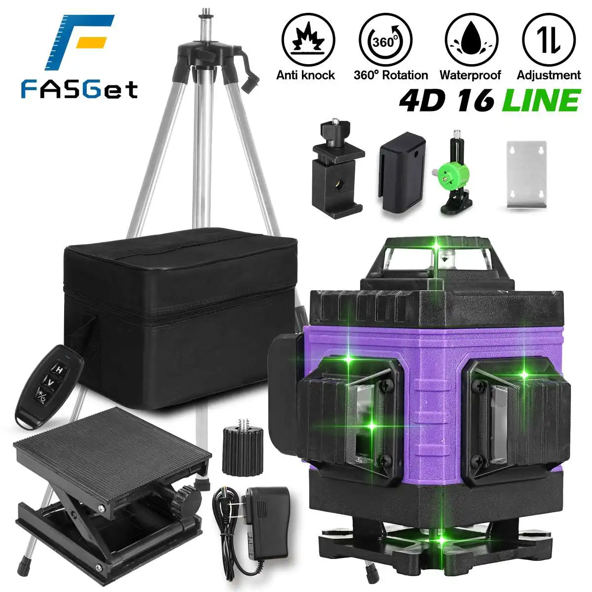

FASGet 16 Lines 4D Green Laser Level Horizontal And Vertical Cross Lines With Auto Self-Leveling, Indoors and Outdoors