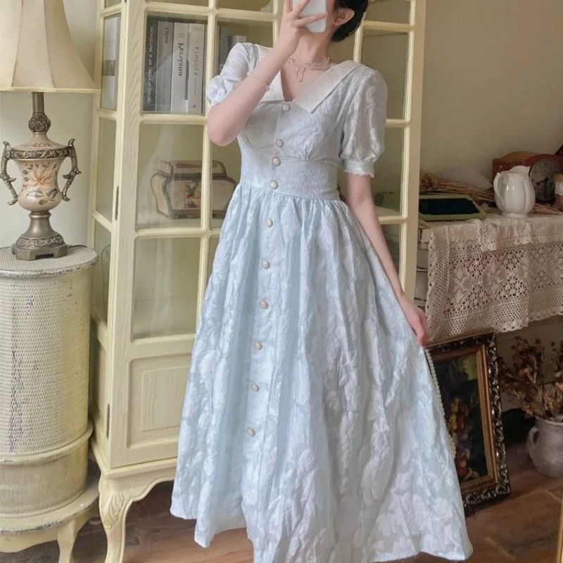 

Summer Sweet Kawaii Dress Women Peter Pan Collar Korean Slim Designer Midi Dress Casual Evening Party Chiffon Split Dress 2021