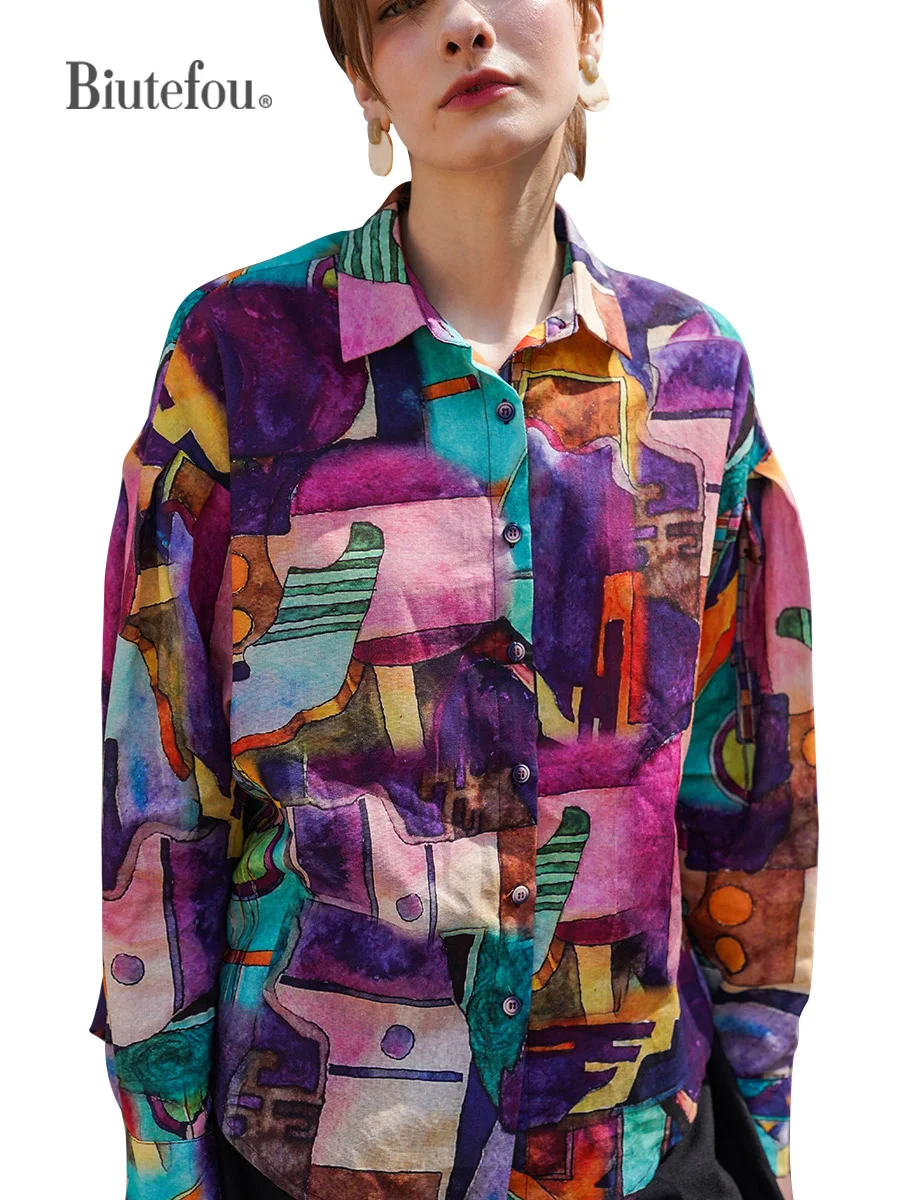 

2021 Summer Women Art Abstract Oil Painting Thin Loose Shirt