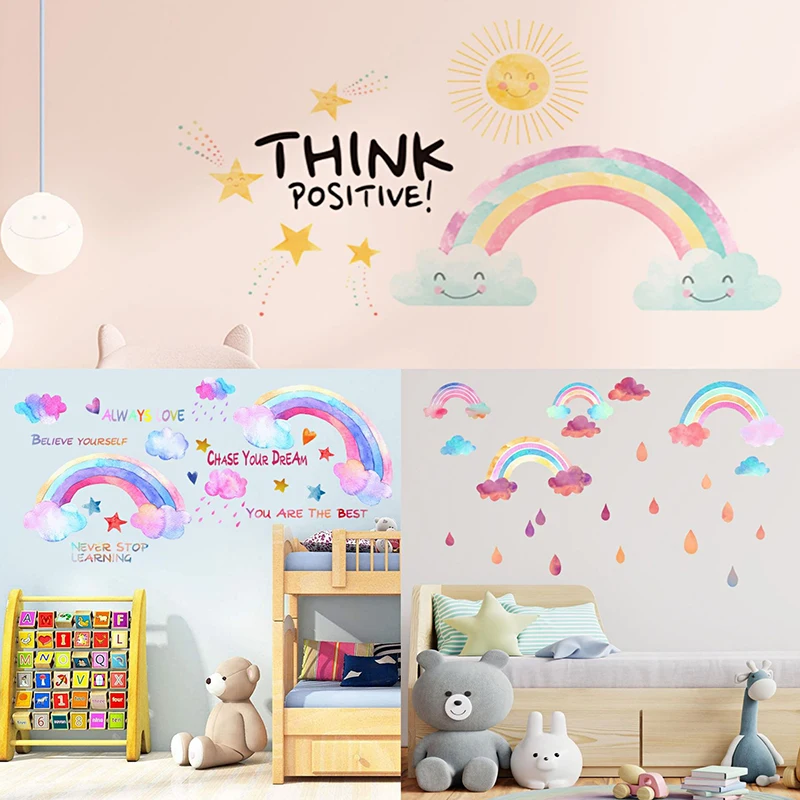 

New Cartoon Rainbow Clouds Raindrops Wall Sticker Kids Room Decoration Mural Bedroom Background Decals Home Decor Stickers