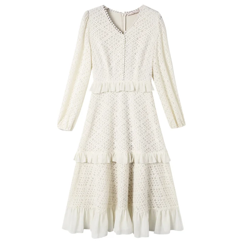 

Women's Long Lace Splicing Dress 2021 Spring New Fashion Stacked Ruffles V-neck Puff Sleeves Pullover Zipper Over-the-knee Dress