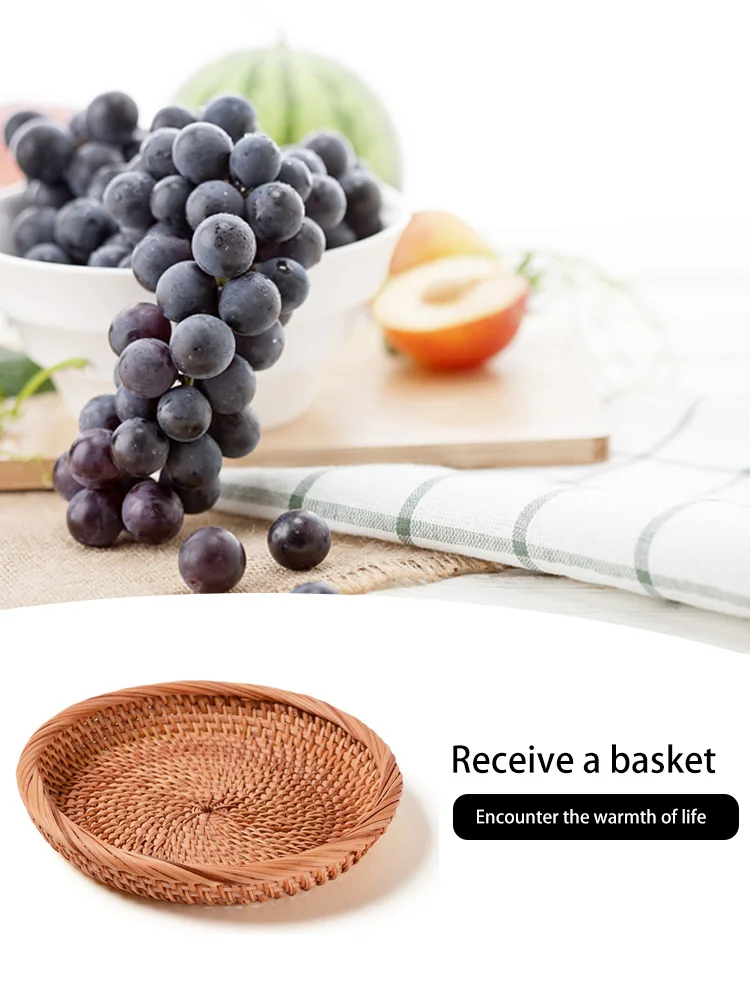 

Storage Basket Round Rattan Storage Tray Bread Fruit Food Snacks Breakfast Display Hand-Woven Rattan Basket Home Decor Crafts