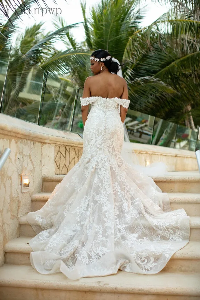 

2020 Lace Mermaid Wedding Dresses Bridal Gowns Off Shoulder Sweep Train Appliques Garden vestidos de novia Plus Size