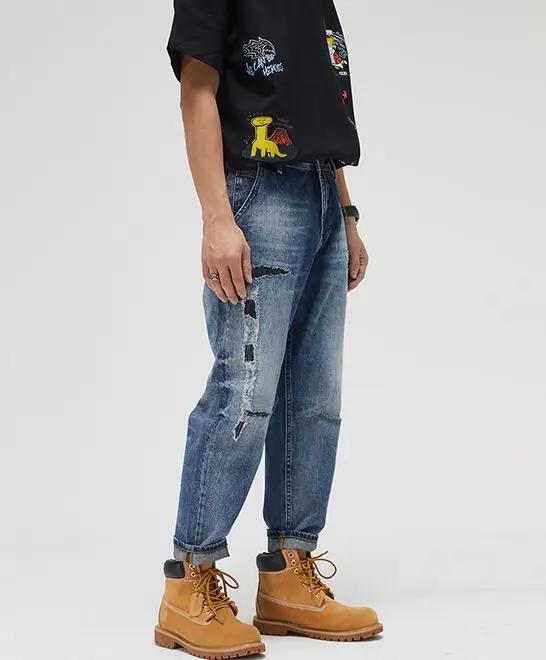 Men Jeans Denim Loose Straight Leg Ripped Patch Jeans Men Retro Beggar Ripped Jeans