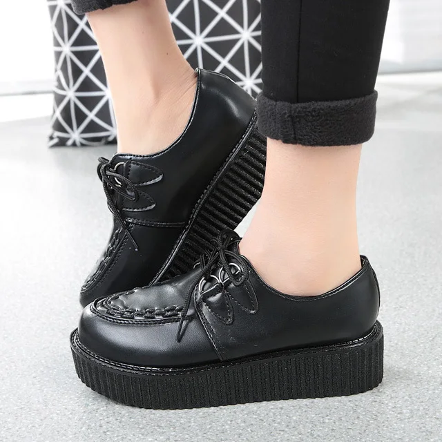 Leather black Криперы; коллекция года; женская обувь на плоской подошве со шнуровкой; обувь на платформе; Осенняя женская обувь; замшевая женская обувь; большой размер 41; женская обувь; - Цвет: Leather black