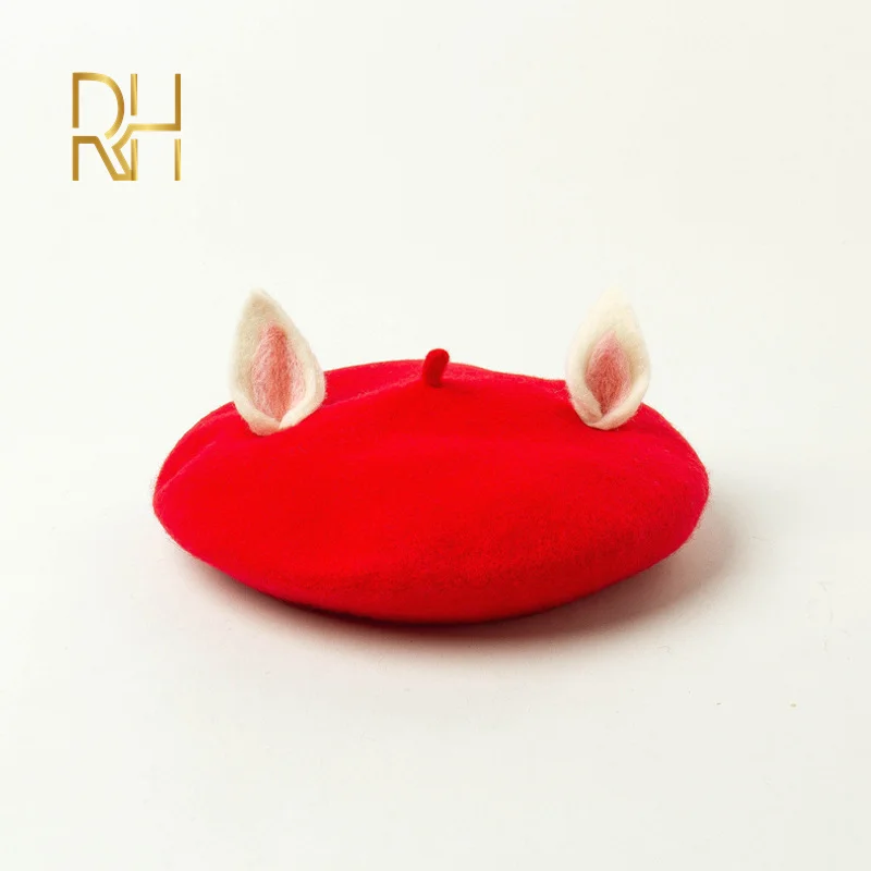 Ручной работы Оригинальная 100% шерстяного фетра берет с милыми заячьими ушками