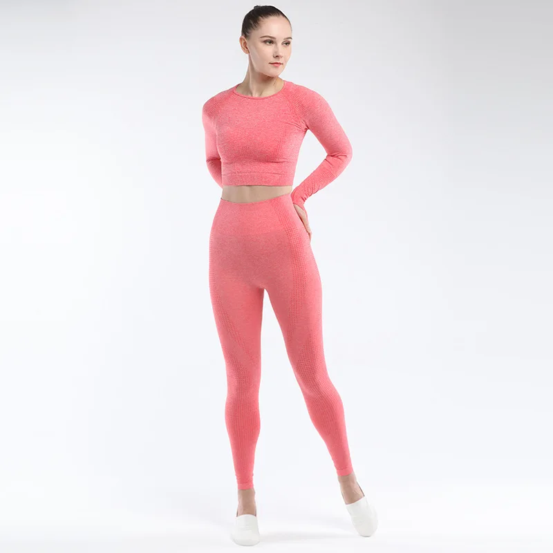 

2021 New Seamless Yoga Set Fitness Clothes Gym Set Workout Women Long Sleeve Shirts And High Waist Leggings Sports Suit