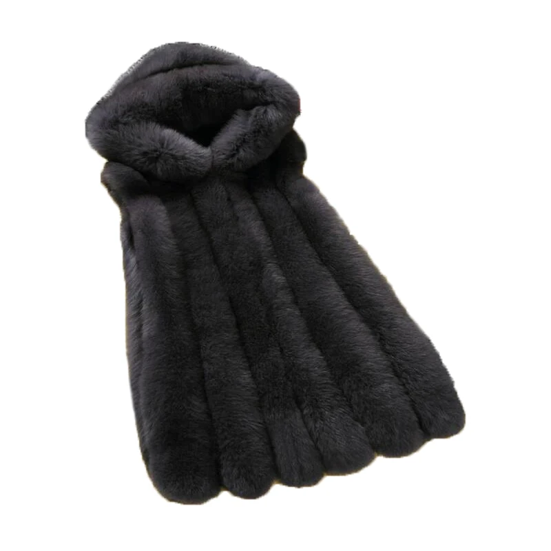 

Зимняя новая одежда, женский жилет из искусственного лисьего меха с шапкой, женское высококачественное тонкое женское длинное пальто из ис...