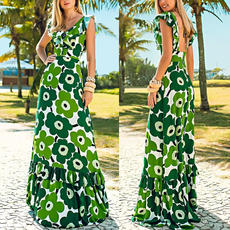 Женское платье с цветочным принтом ZOGAA зеленое в стиле бохо V образным вырезом и