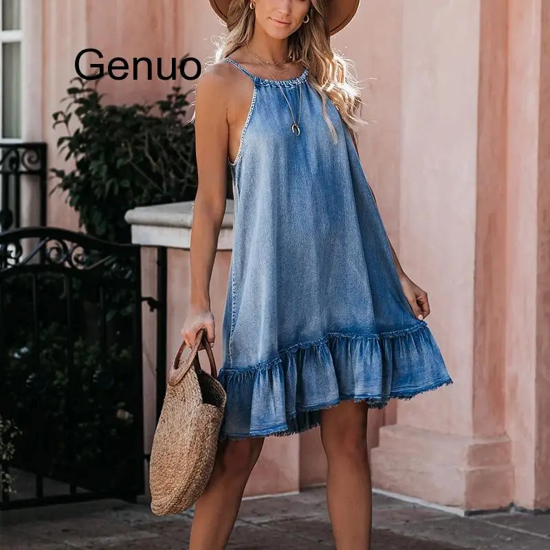 

Women Sexy Halter Denim Dress 2020 Summer Casual Backless Mini Jeans Dress Ladies Fashion Loose A-line Dress New Ruffle Dress