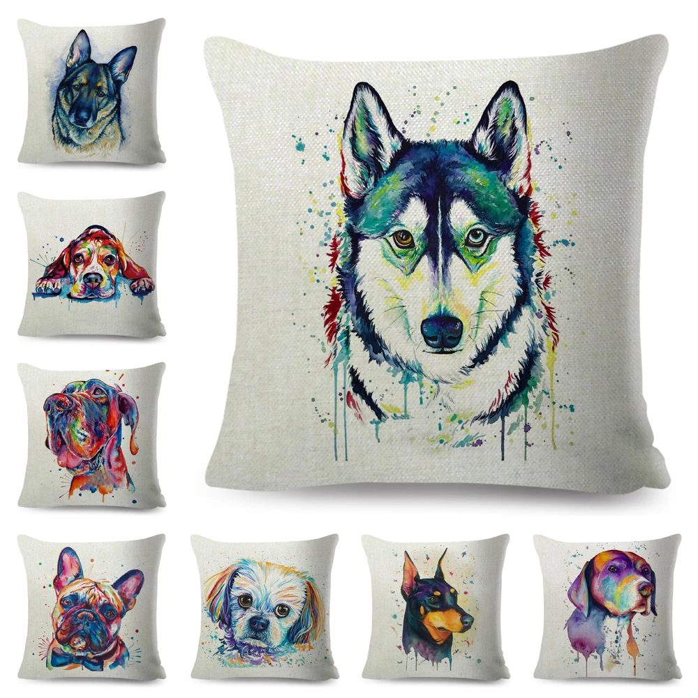 

50 Style Watercolor Cute Cartoon Dog Pillow Case Decor Pet Animal Pillowcase Polyester Cushion Cover for Car Sofa Home 45x45cm