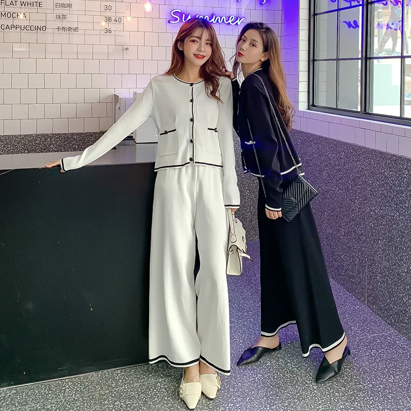 2019 трикотажные костюмы женские осенние широкие брюки + наборы свитеров для