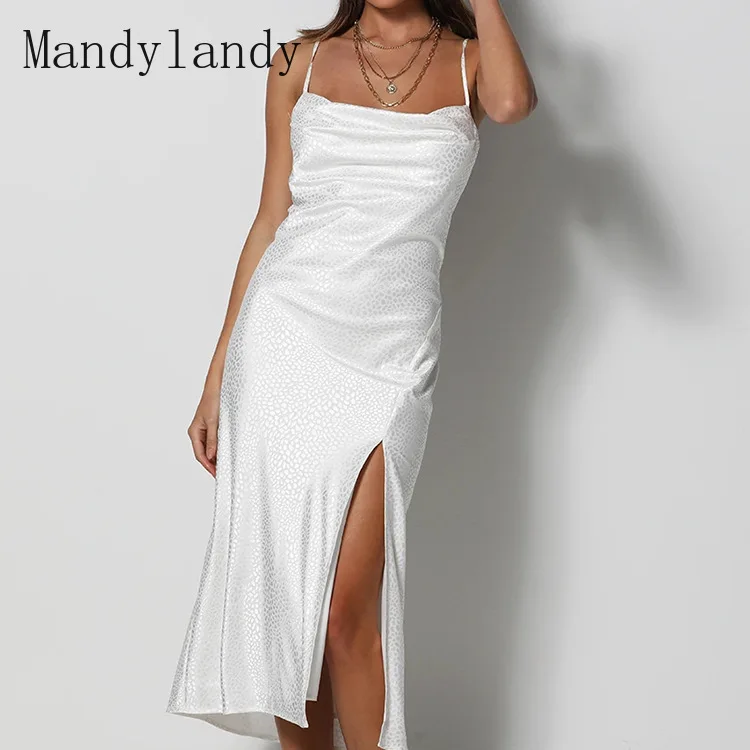 

Mandylandy Women's Sexy Slim Dress Summer Casual Square Collar Spaghetti Strap Solid Color Backless Slit Dress