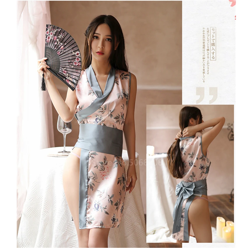 

Japanese Kimono Dress Women Sets Sexy Lingerie Sleeveless Split Skirt Belt Floral Print Pajamas Girls Uniform Sexy Play Costume