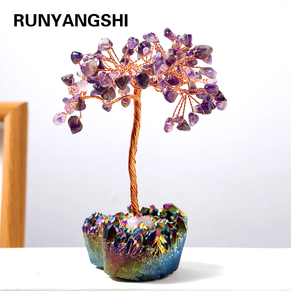 

Natural Amethyst Crystal Lucky Tree with Colorful Heart-shaped Crystal Cluster Base Purple Gemstone Trees Feng Shui Home Decor