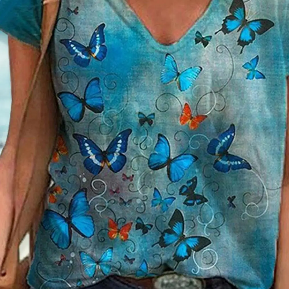 

sexy T-shirt Colored Butterfly Print Loose Women Short Sleeve Loose Blouse for Party