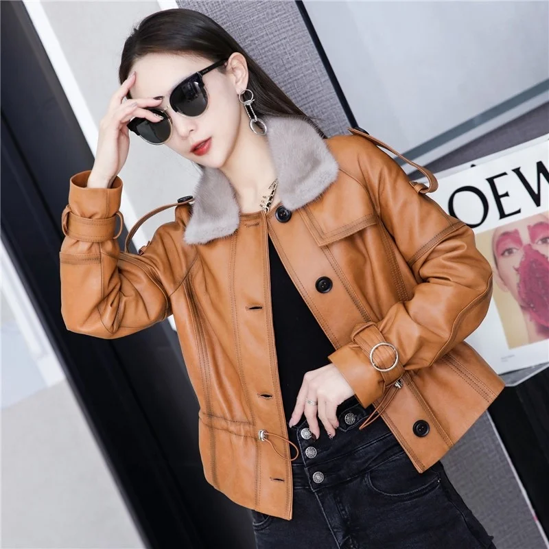 

Genuine leather women jacket short adjustable waistband fine tuning collar winter outerwear female only breasted sheepskin coats
