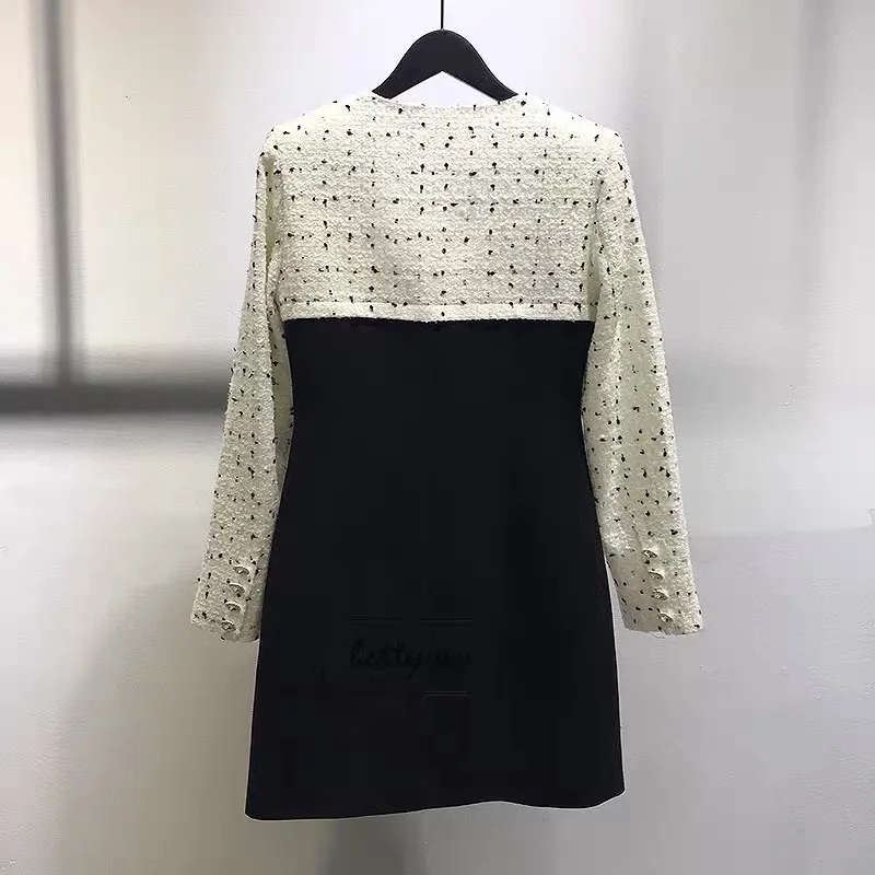 

Tweed Patchwork Black White Dot Retro Square Collar Spring Autumn Long Sleeve Sexy Club Bodycon Slim Mini Dress Femme Mujer
