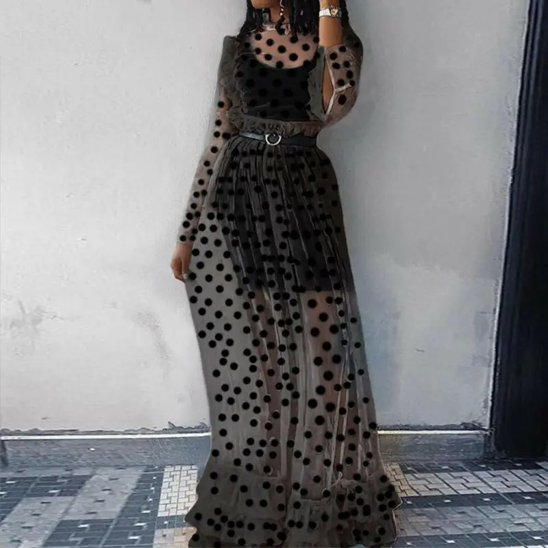 Женское элегантное Сетчатое Прозрачное платье в горошек с замочной скважиной на