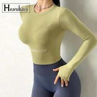 autumn seamless yoga shirts women elastic thumb hole fitness running long sleeve sports t shirts gym workout tight crop top