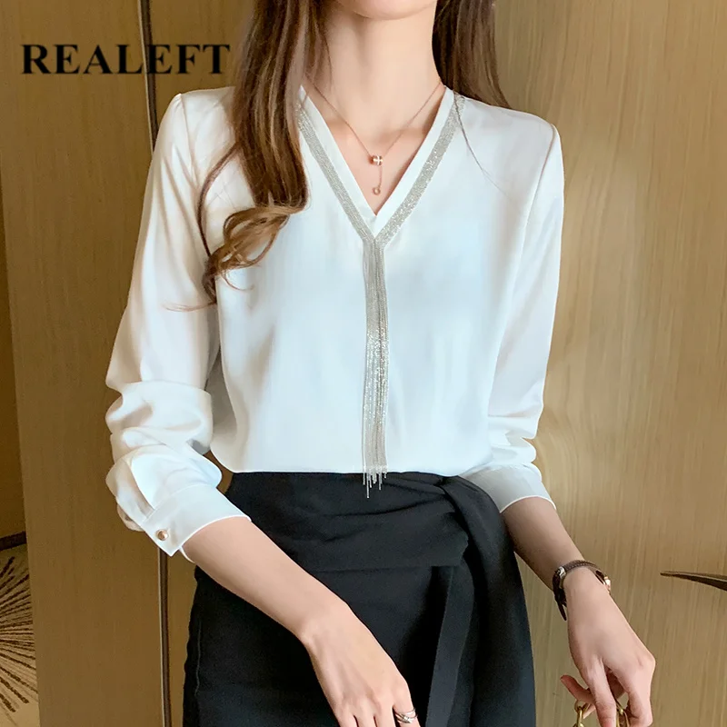 

REALEFT New 2020 Spring White Elegant Stain Tassel Women's Shirt Female Blouse Tops V-Neck Long Sleeve Korean OL Style Blouses