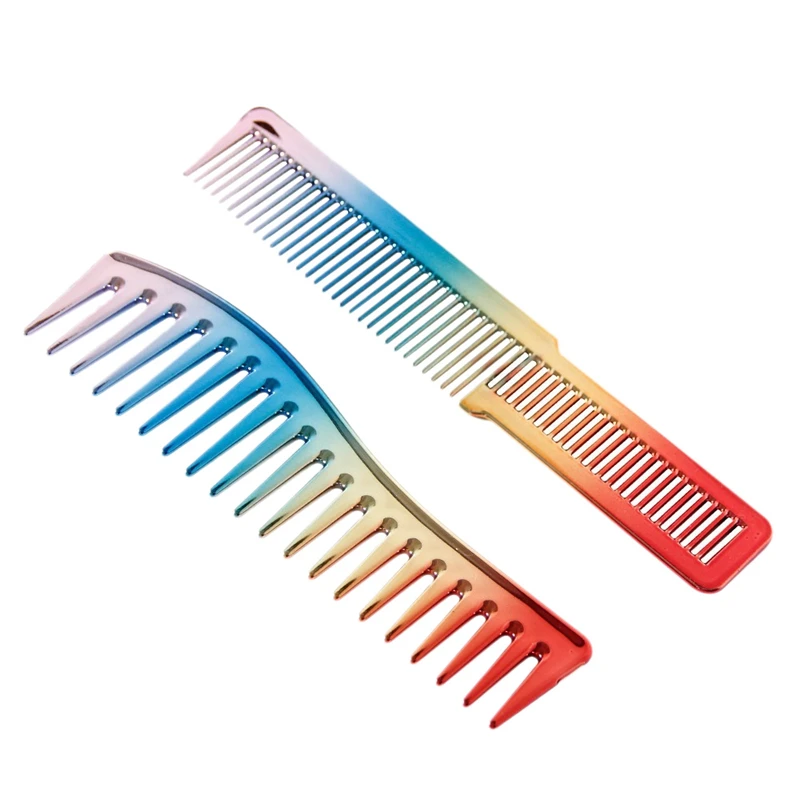 

2PCS Rainbow Comb Electroplating Hairdressing Comb Scalp Massage Hair Brush Large Wide Tooth Comb Salon Haircut Tool