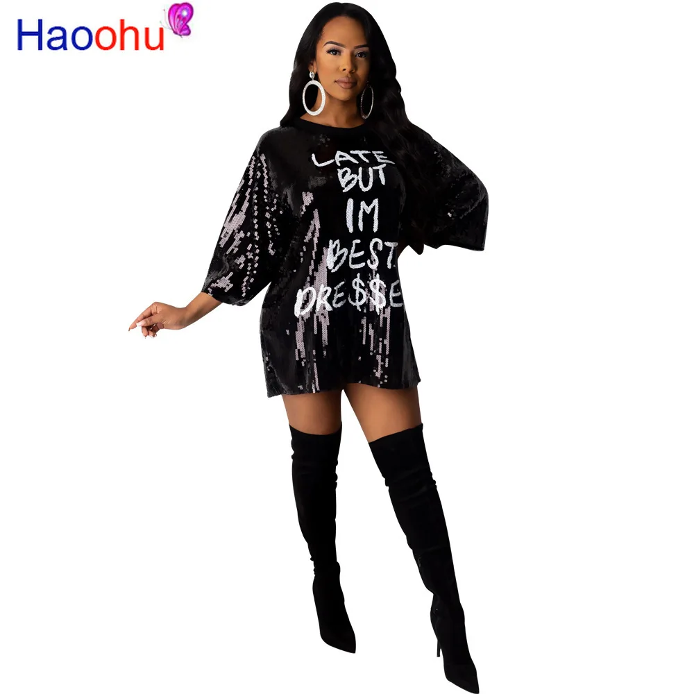 Женское весеннее свободное мини платье 2020 с o образным вырезом и блестками