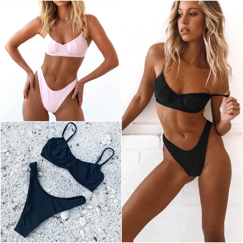 Женский раздельный купальник однотонная пляжная одежда пуш ап бюстгальтер с
